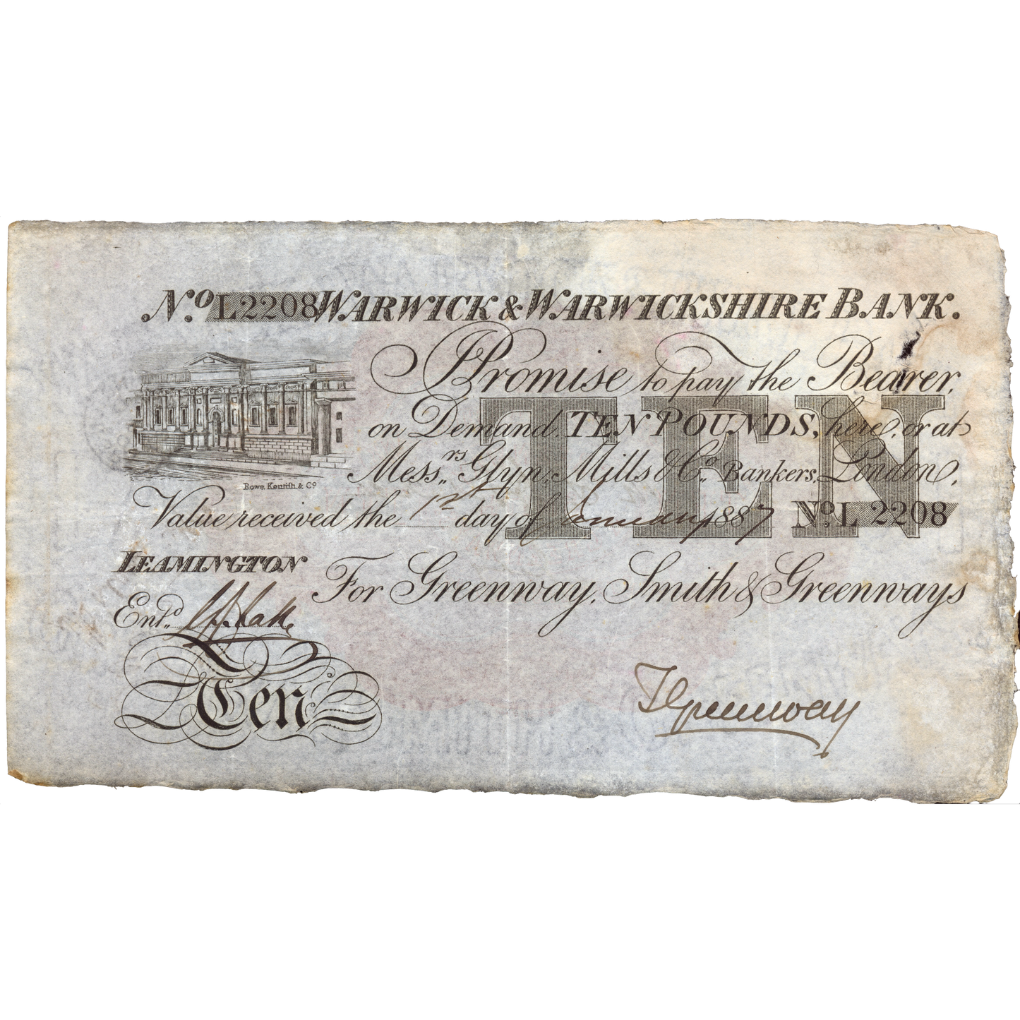 Warwick & Warwickshire Bank 1887 £10 banknote Outing 2279f
