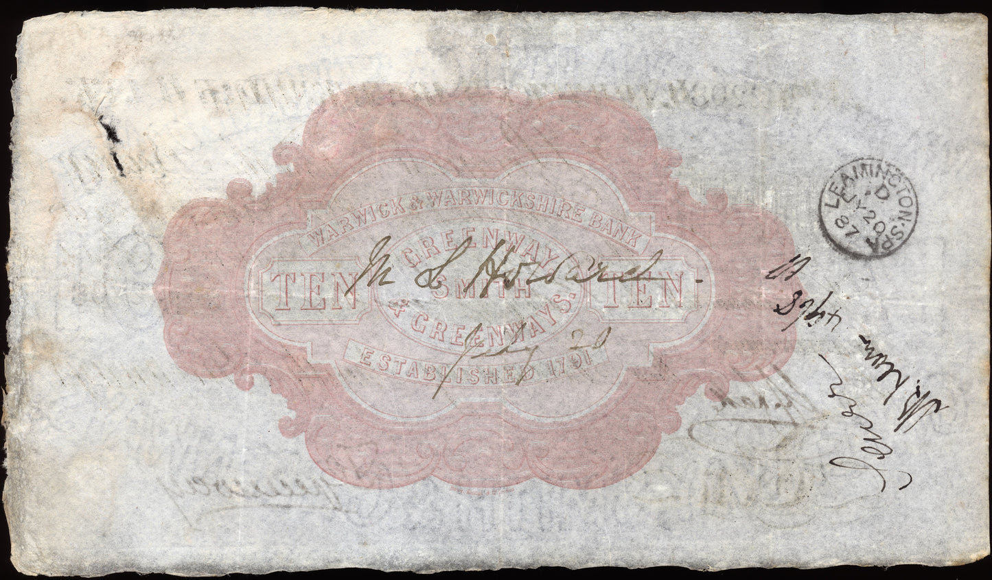 Warwick & Warwickshire Bank 1887 £10 banknote Outing 2279f