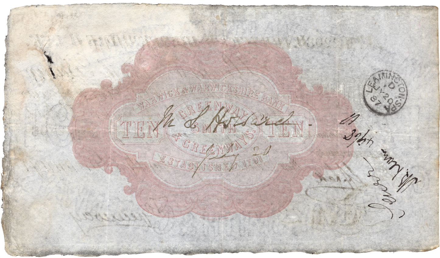 Warwick & Warwickshire Bank 1887 £10 banknote Outing 2279f