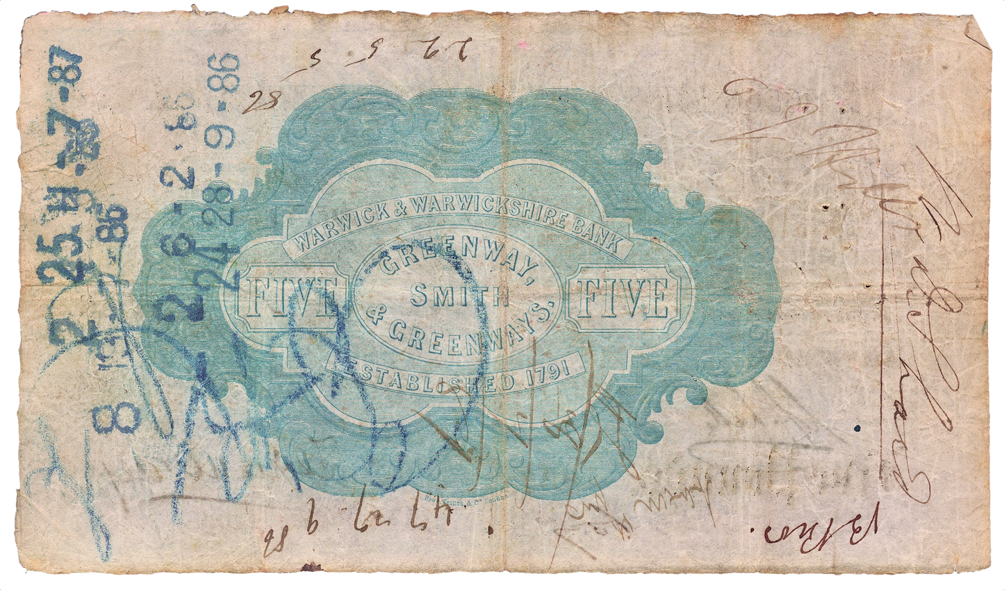 Warwick & Warwickshire Bank 1885 £5 banknote Outing 2279e