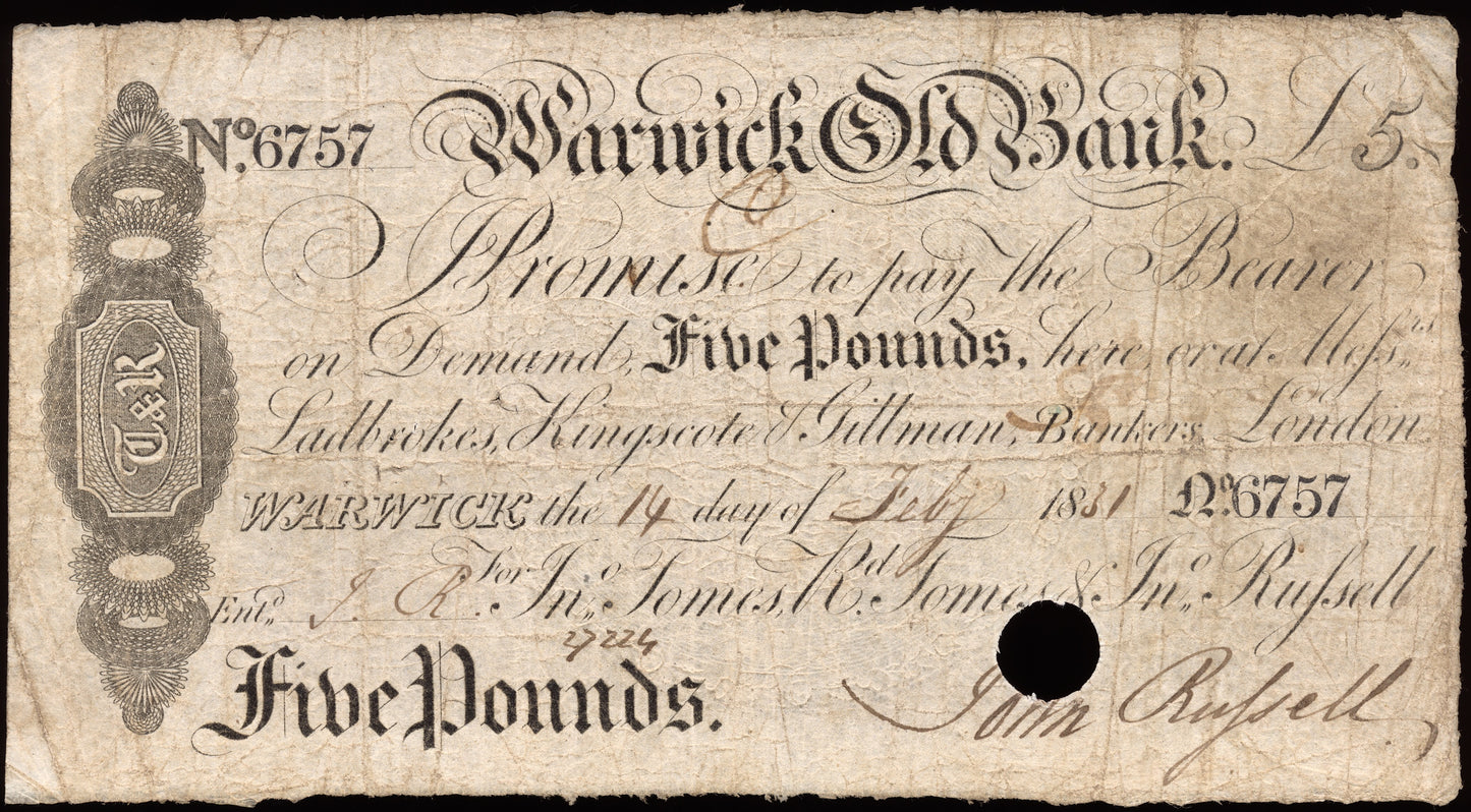Warwickshire Old Bank 1831 £5 banknote Outing 2280f