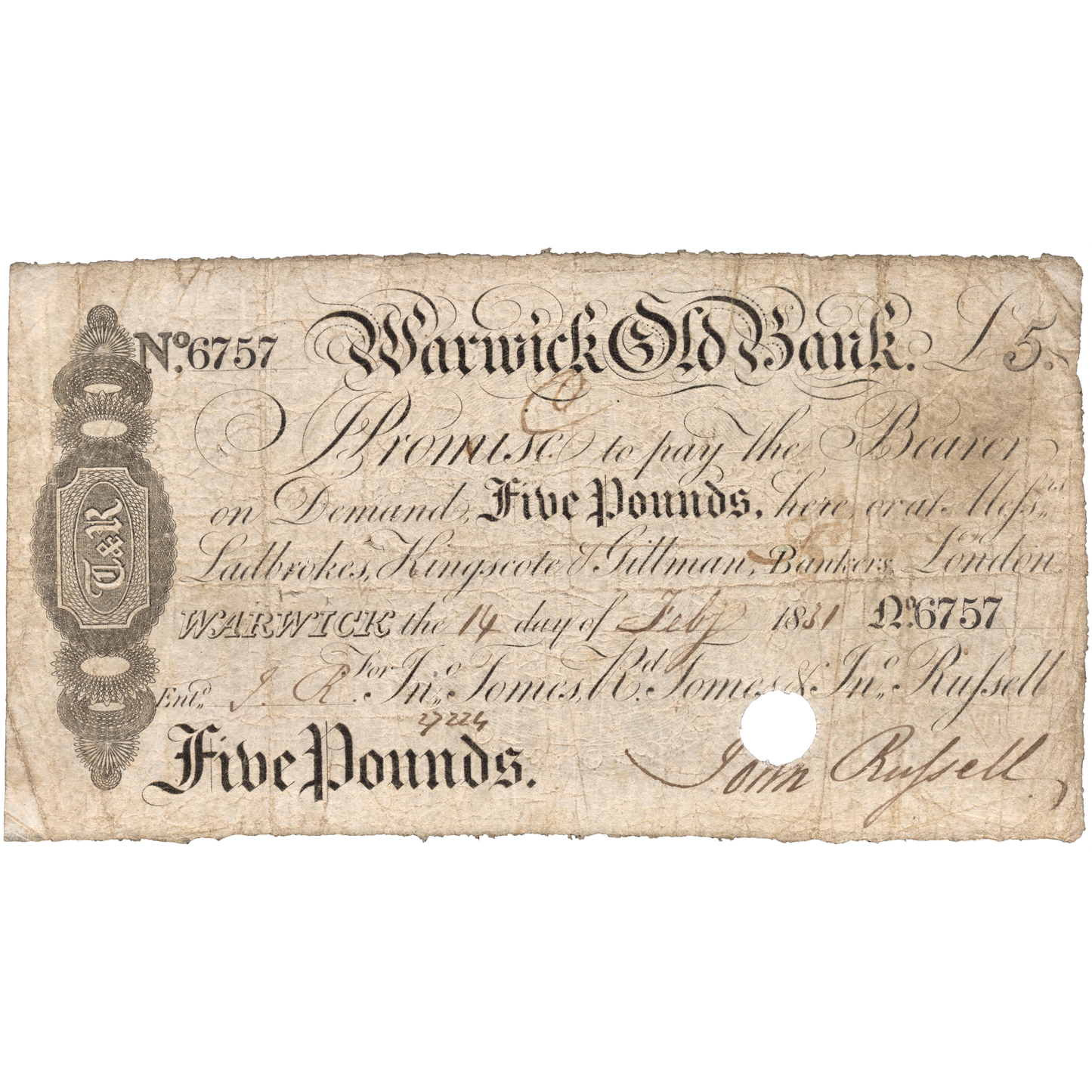 Warwickshire Old Bank 1831 £5 banknote Outing 2280f