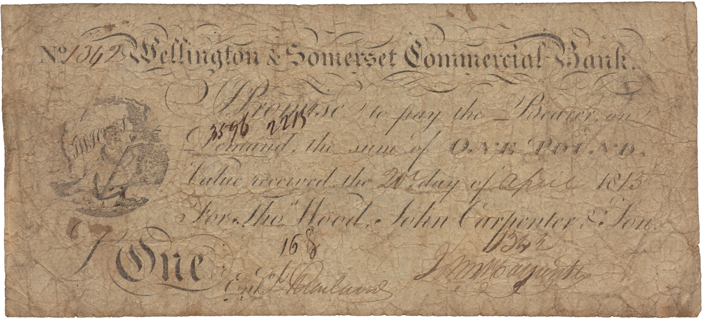 Wellington & Somerset Commercial Bank 1813 £1 banknote Outing 2308a