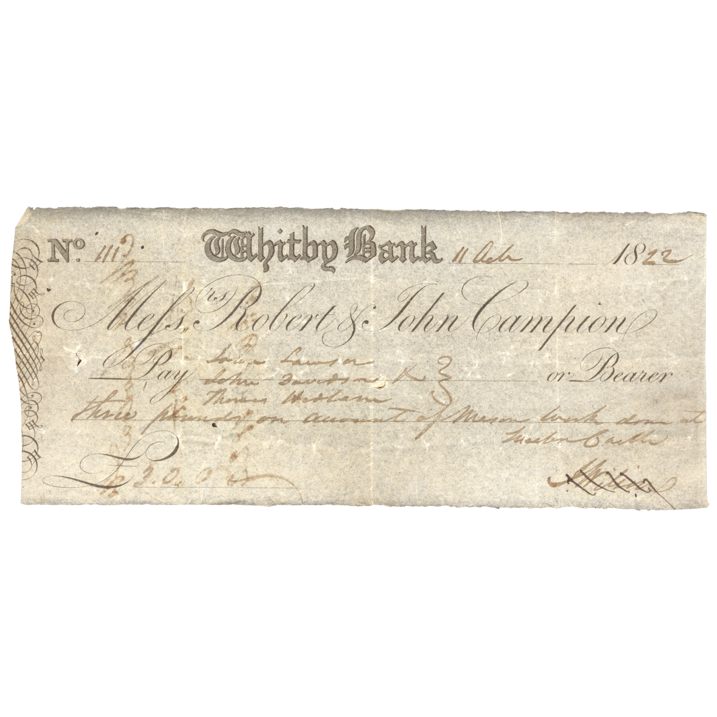 Whitby Bank 1822 £3 cheque VF Outing 2343a for style