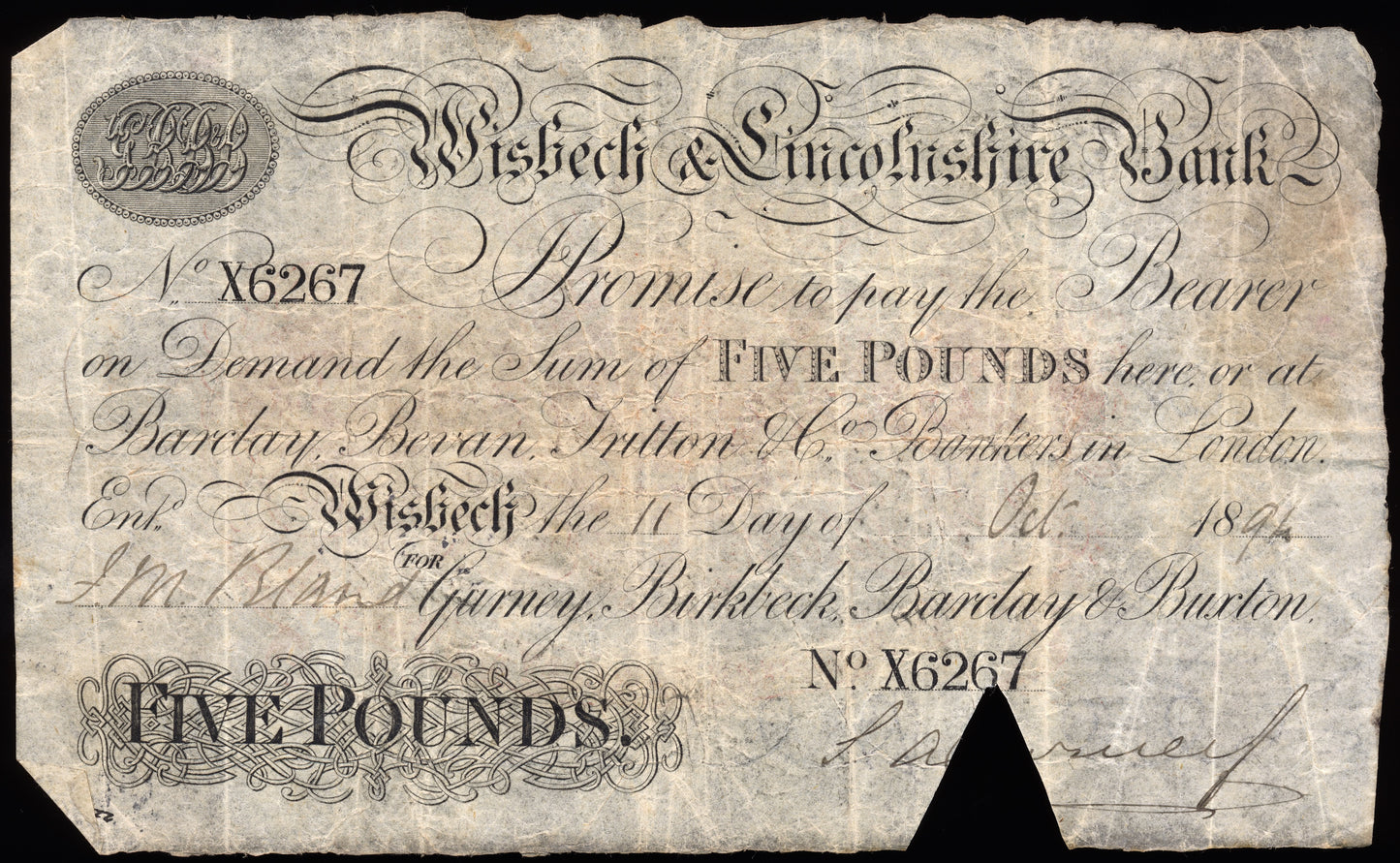 Wisbech & Lincolnshire Bank 1894 £5 banknote Outing 2382y