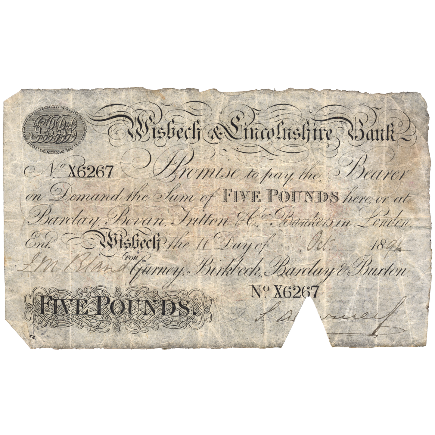 Wisbech & Lincolnshire Bank 1894 £5 banknote Outing 2382y