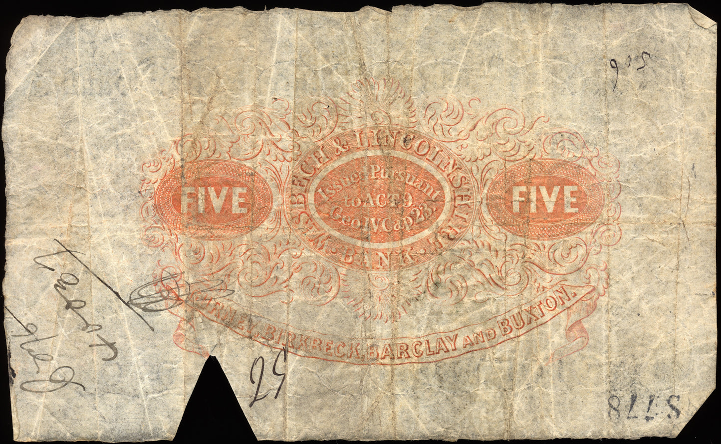 Wisbech & Lincolnshire Bank 1894 £5 banknote Outing 2382y
