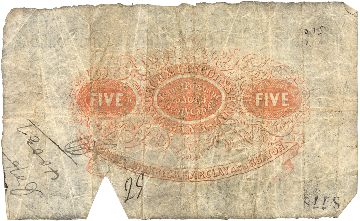 Wisbech & Lincolnshire Bank 1894 £5 banknote Outing 2382y