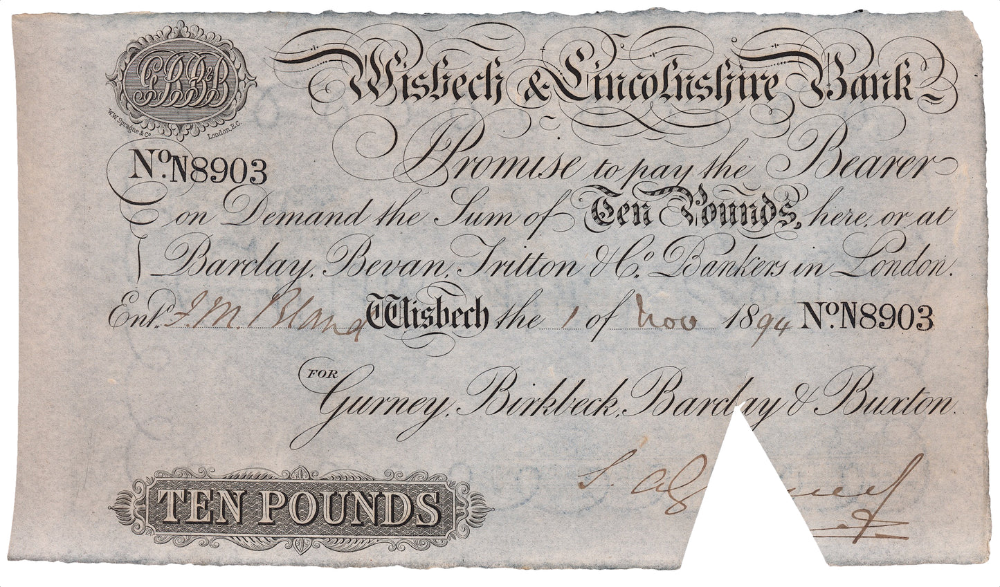 Wisbech & Lincolnshire Bank 1894 £10 banknote F Outing 2382aa
