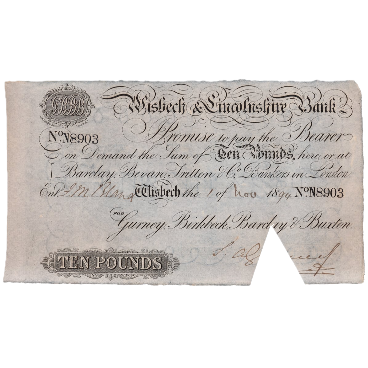 Wisbech & Lincolnshire Bank 1894 £10 banknote F Outing 2382aa