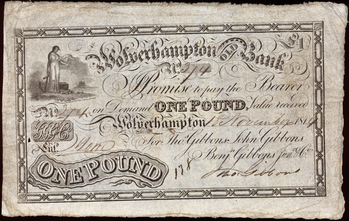 Wolverhampton Old Bank 1814 £1 banknote Outing 2392e