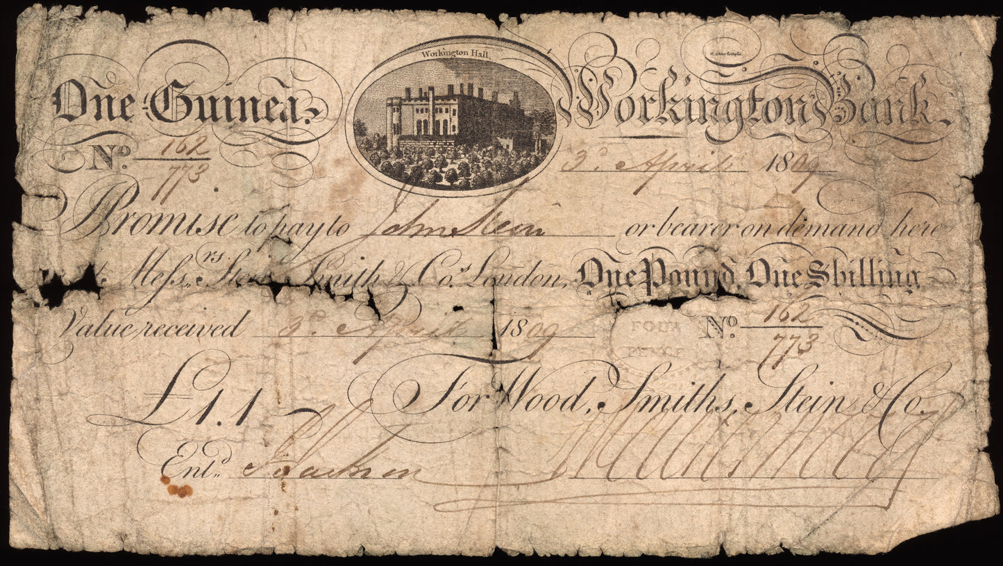 Workington Bank 1809 1 guinea banknote Outing 2428a