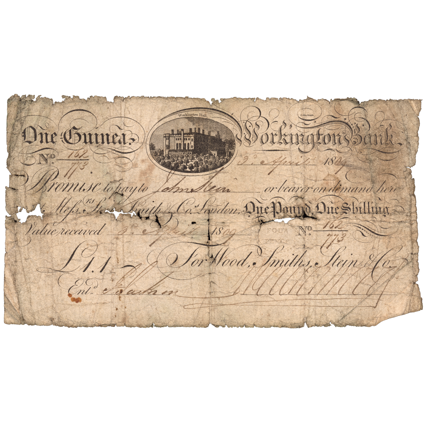 Workington Bank 1809 1 guinea banknote Outing 2428a