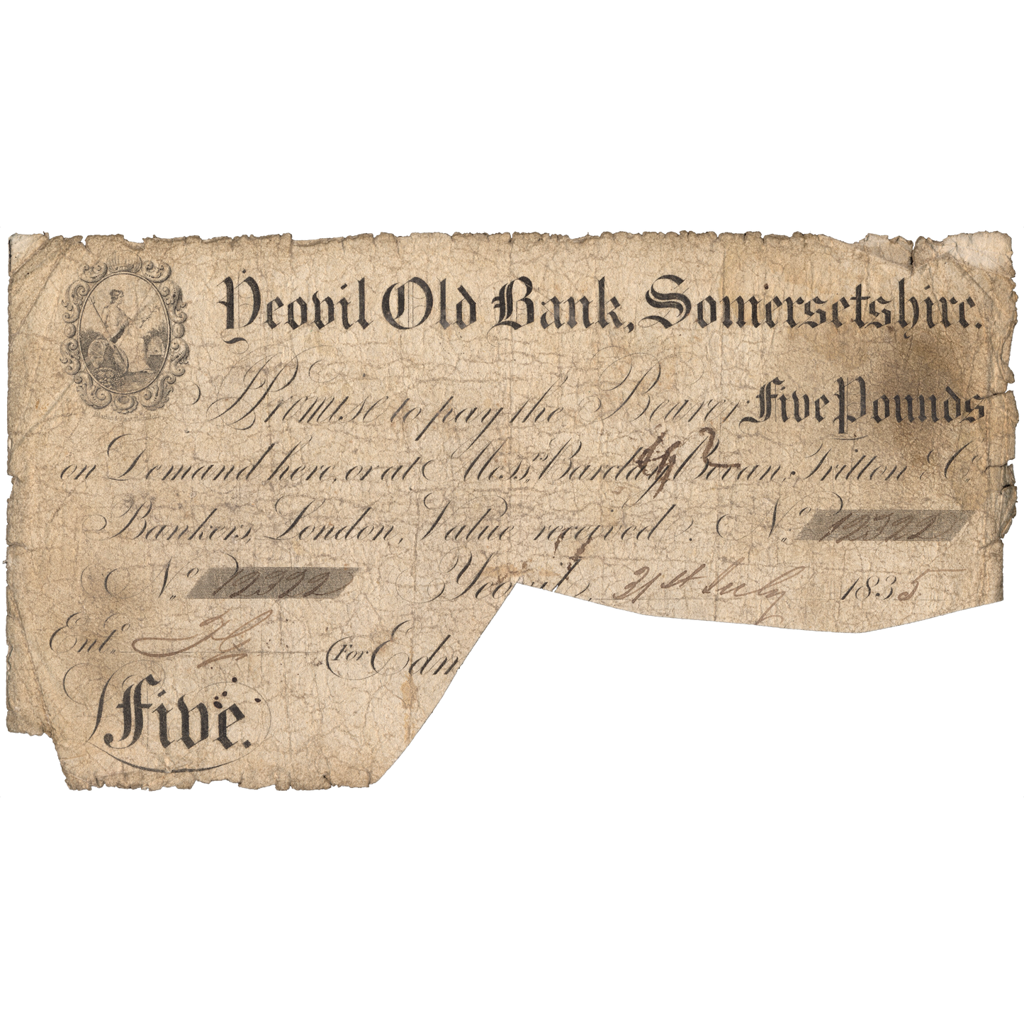 Yeovil Old Bank 1832 £5 banknote Outing 2443q