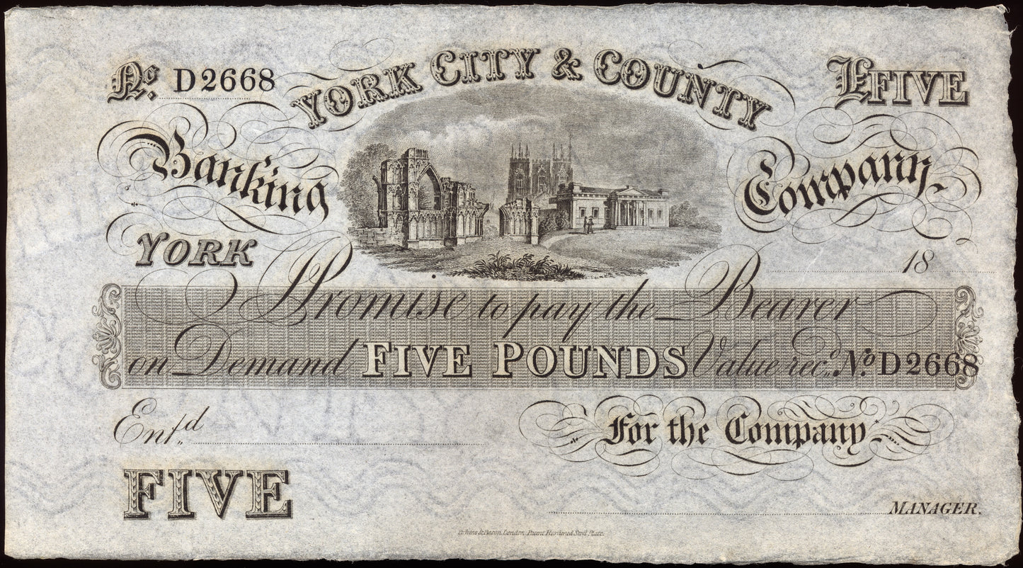 York City & County Bank 18-- £5 unissued banknote Outing 2456i