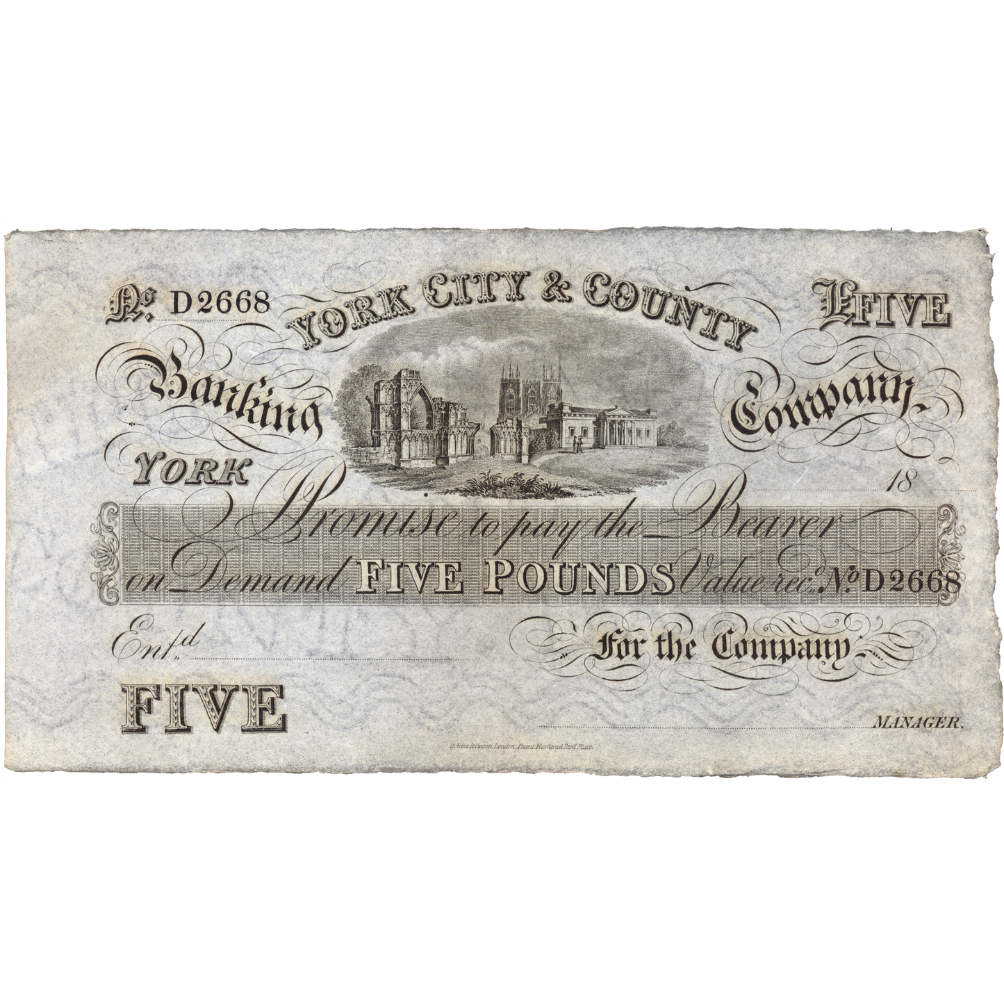 York City & County Bank 18-- £5 unissued banknote Outing 2456i