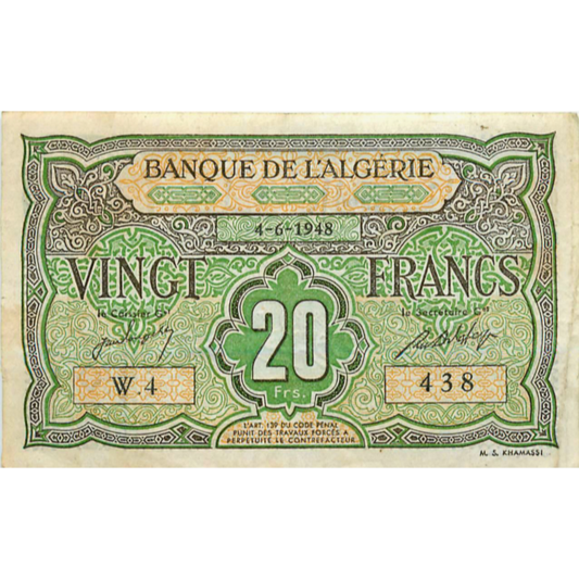 ALGERIA P.103 1948 20 Francs VF