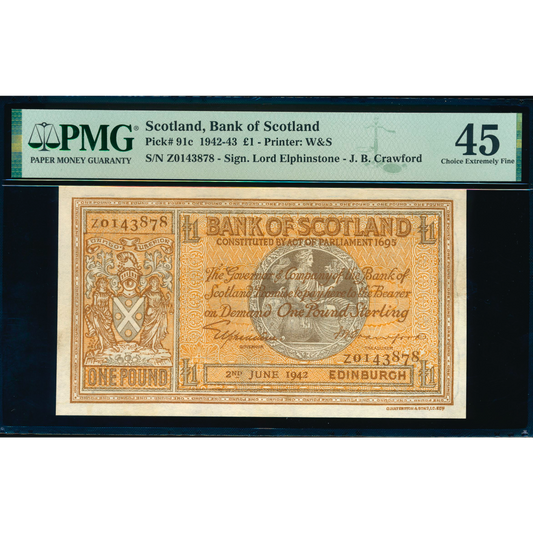 SCOTLAND P.91c SC103c 1942 Bank of Scotland £1 EF Z