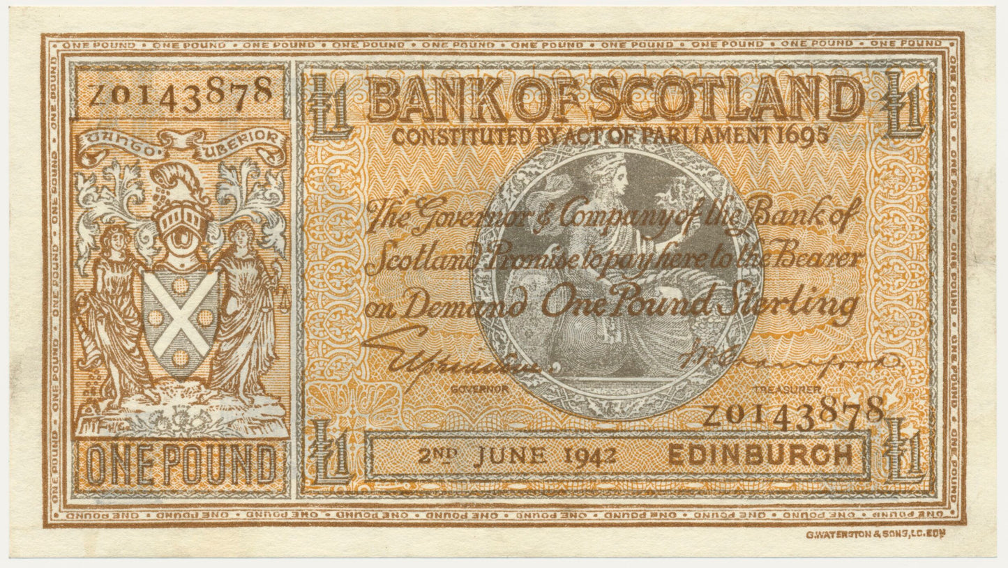 SCOTLAND P.91c SC103c 1942 Bank of Scotland £1 EF Z