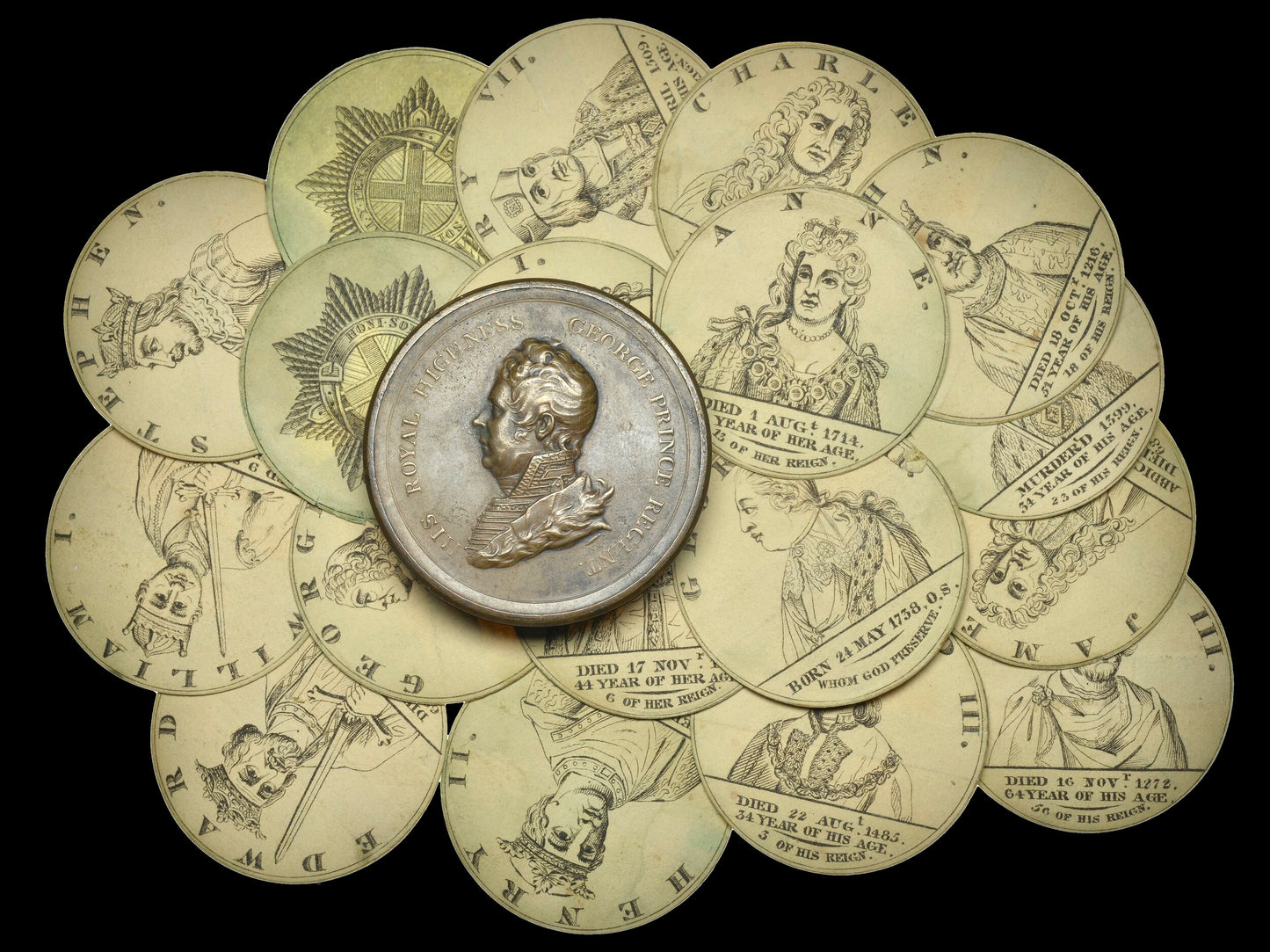 1814 Chronology of the Sovereigns of England box medal set BHM 783 E1062 VF to EF