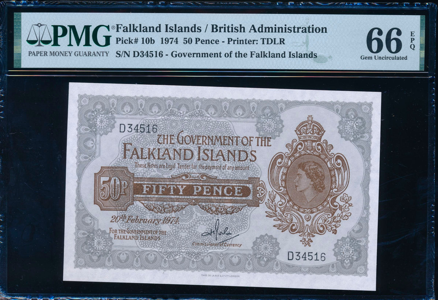 FALKLAND ISLANDS P.10b 1974 50 Pence GEM UNC 66 EPQ