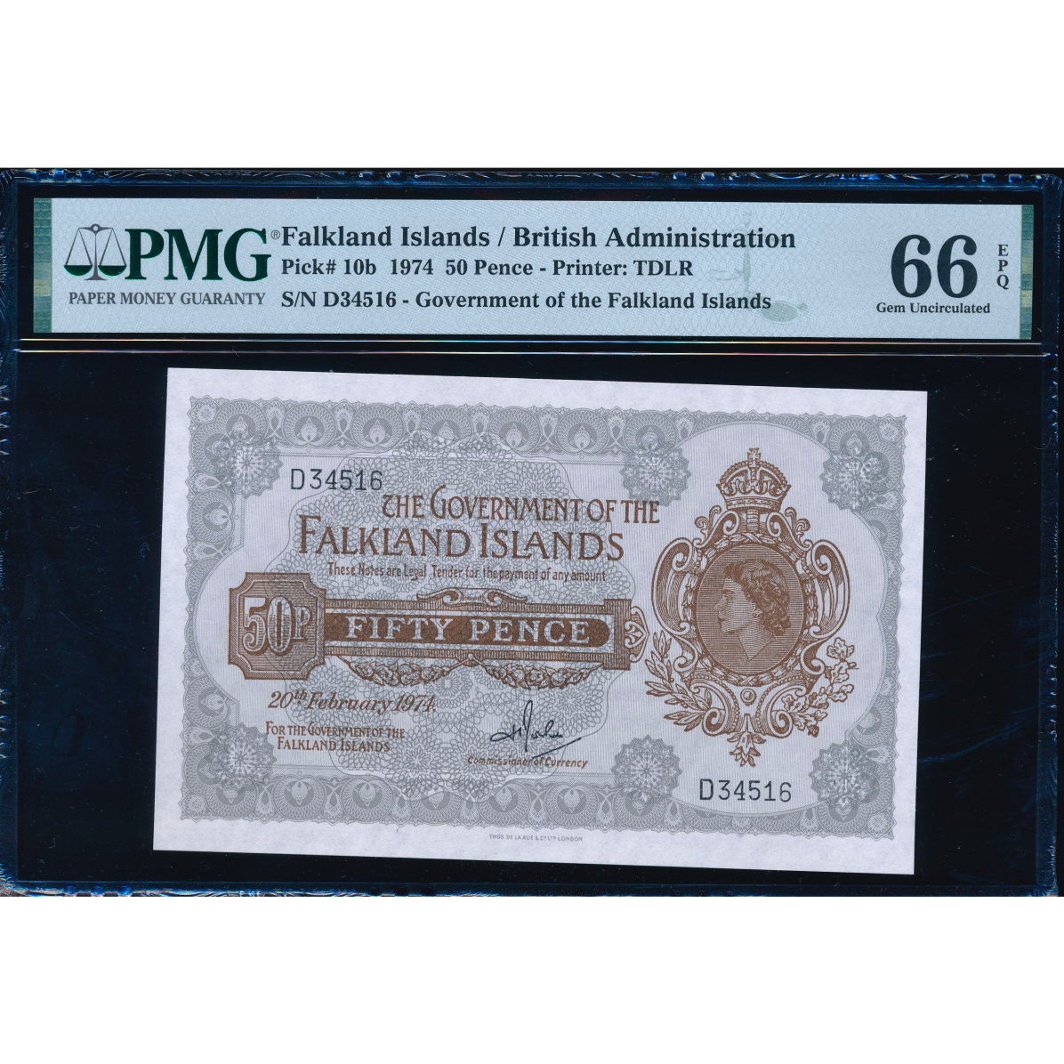 FALKLAND ISLANDS P.10b 1974 50 Pence GEM UNC 66 EPQ