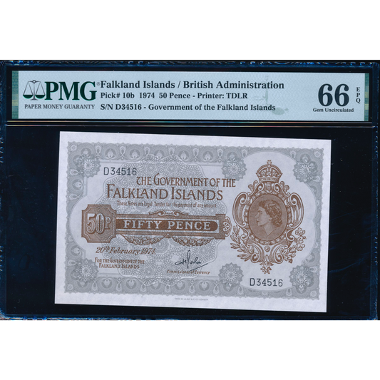 FALKLAND ISLANDS P.10b 1974 50 Pence GEM UNC 66 EPQ