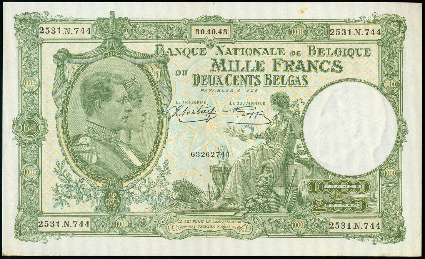 BELGIUM P.110 1943 1000 Francs AUNC