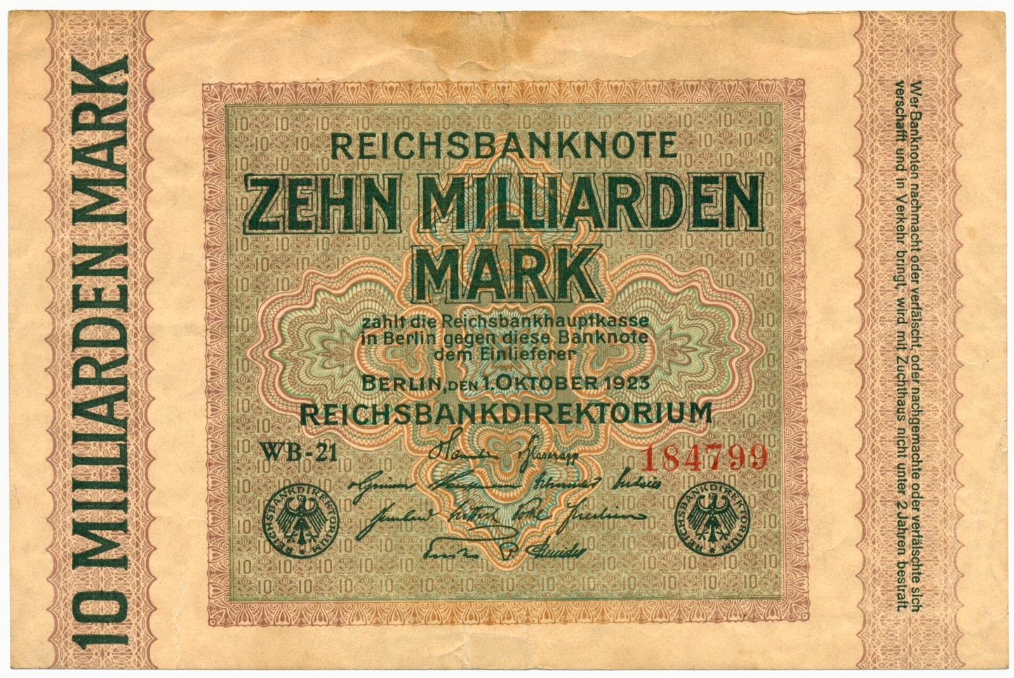 GERMANY P.117b 1923 10,000,000,000 Mark VF