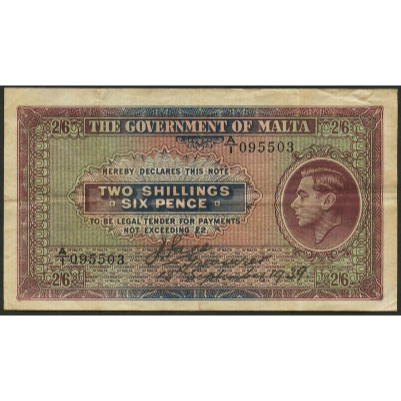MALTA P.11 1939 2 Shillings 6 pence First series A/1 AVF
