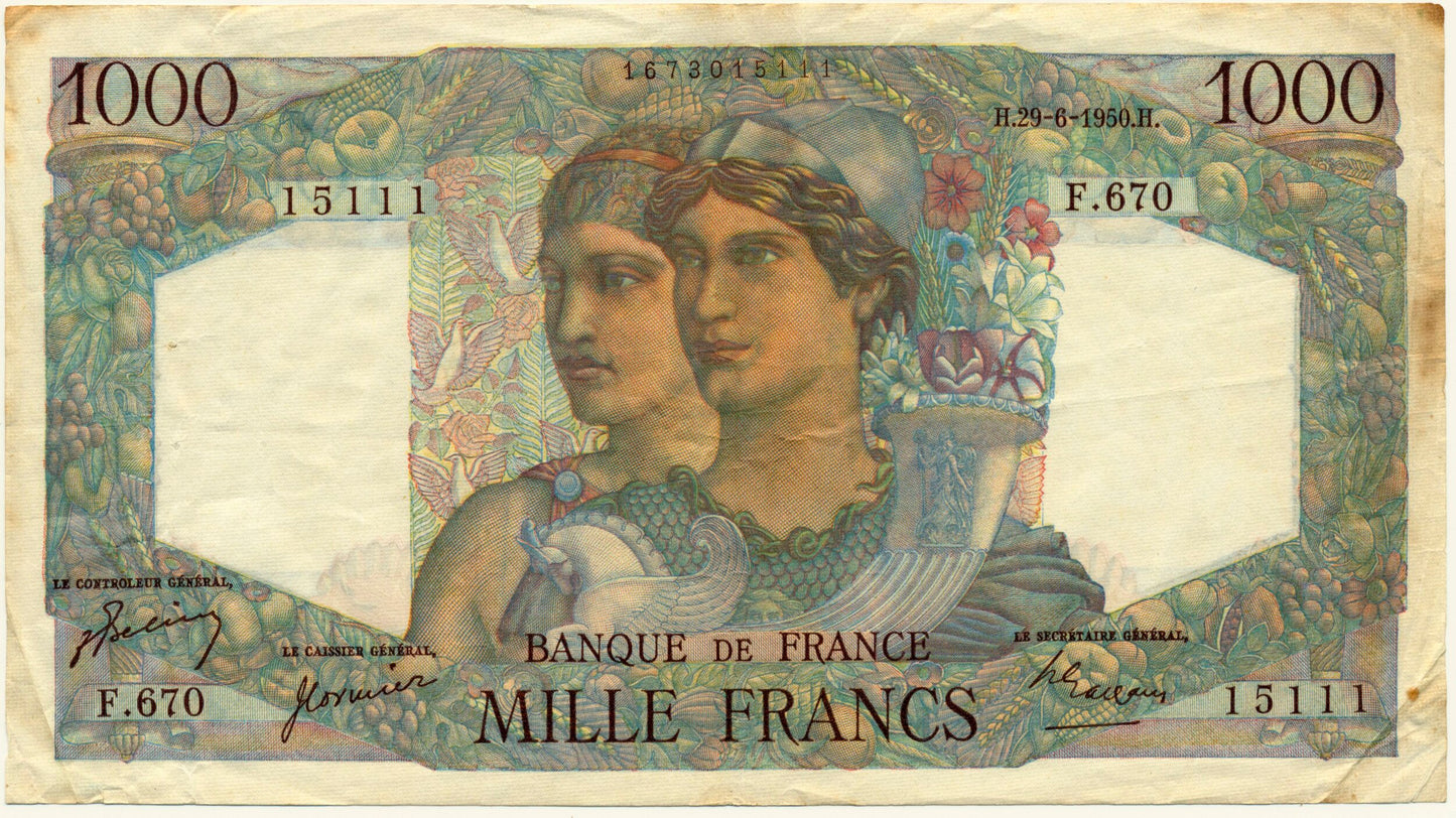 FRANCE P.130c 1950 1,000Fr Belin, Cormier, Gargam F
