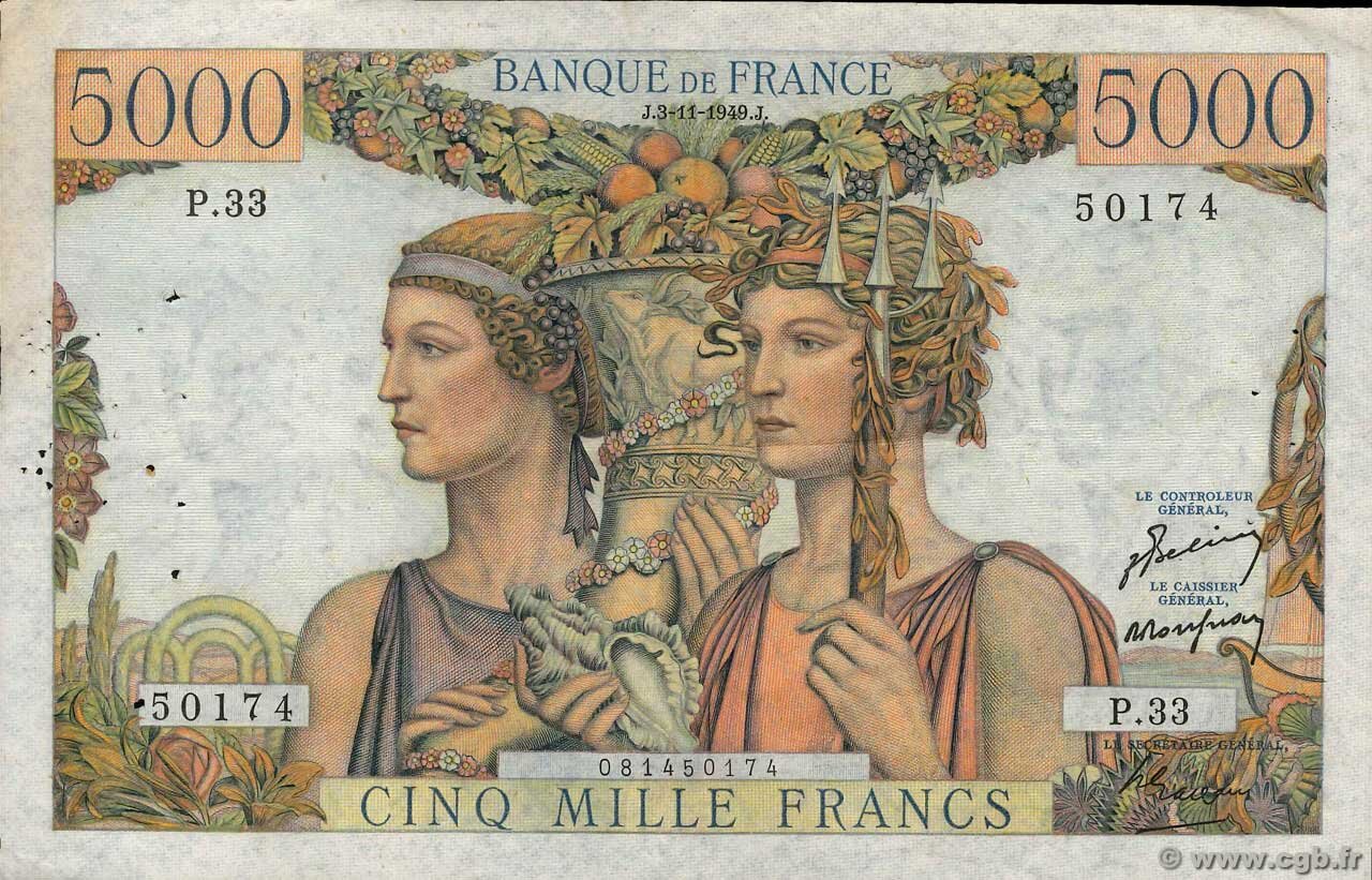 FRANCE P.131a France 1949 5,000Fr Belin, Rousseau, Gargam VF