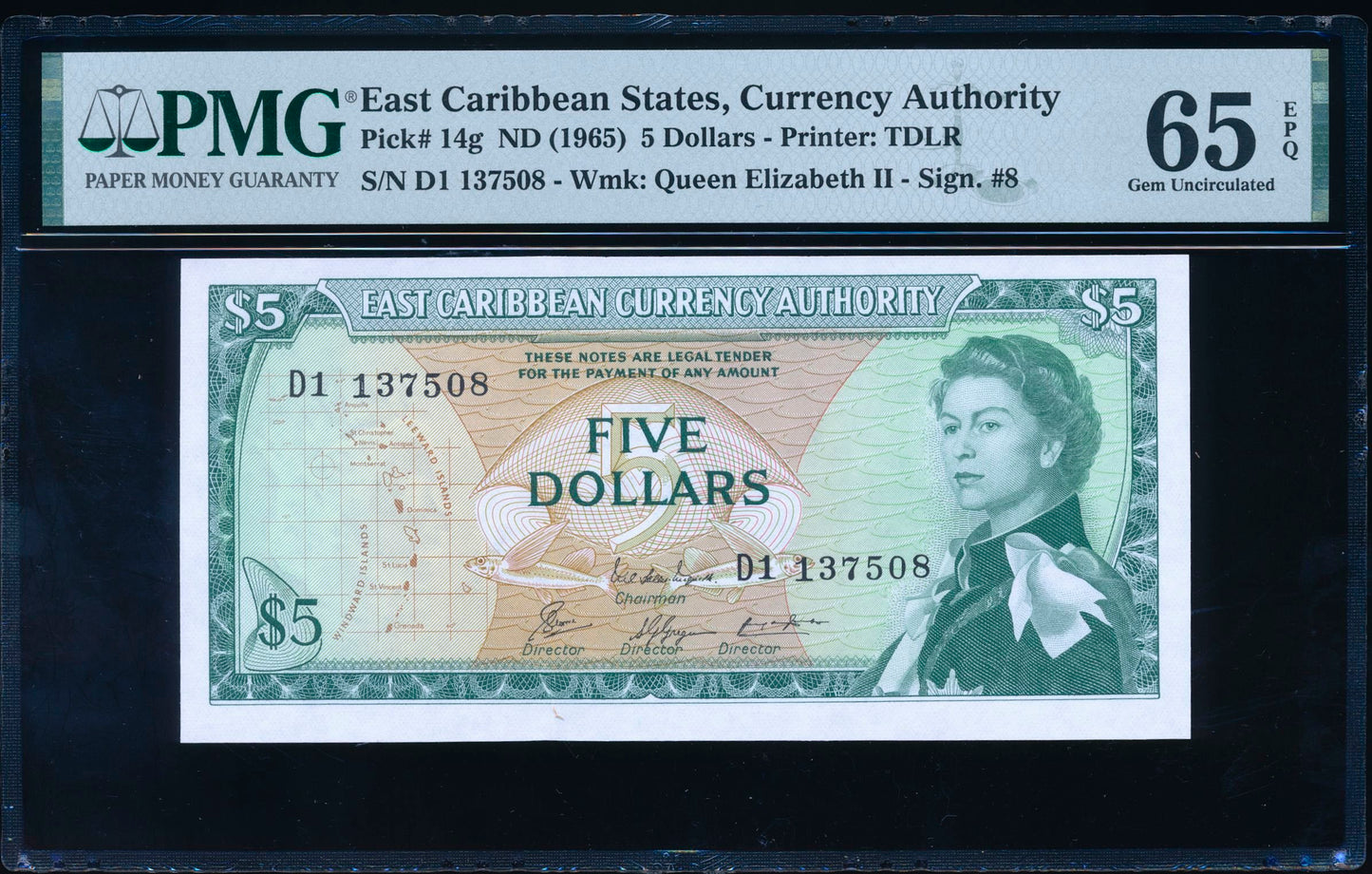 EAST CARIBBEAN P.14g 1965 $5 GEM UNC 65 EPQ