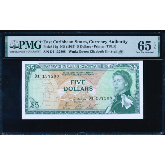 EAST CARIBBEAN P.14g 1965 $5 GEM UNC 65 EPQ
