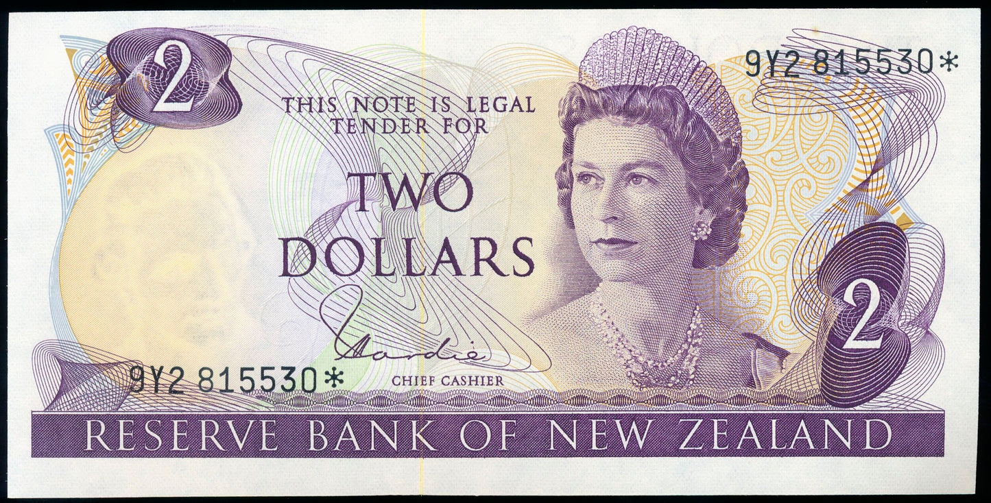 NEW ZEALAND P.164dr 1967-1981 $2 Replacement note AUNC