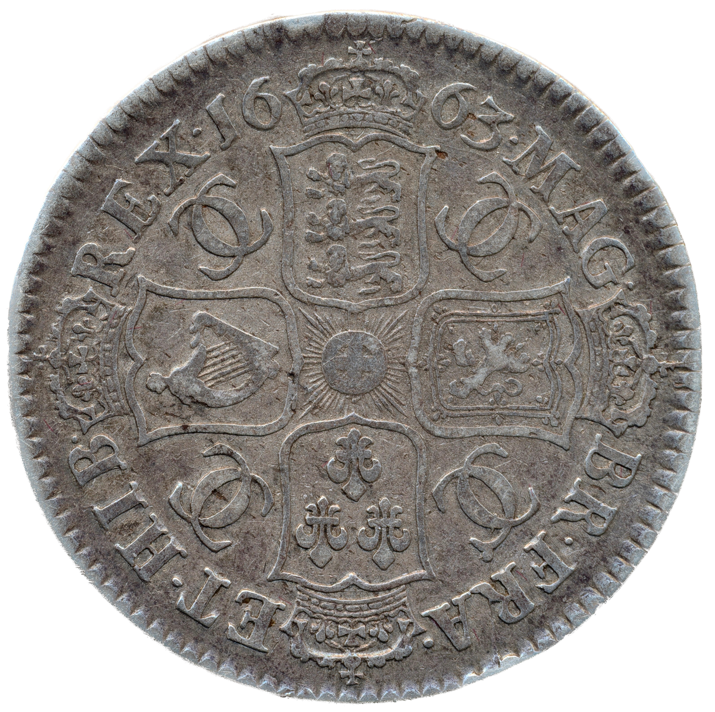 1663 Halfcrown First bust Edge XV S3361 ESC 444 No obverse stops Rare GF/AVF