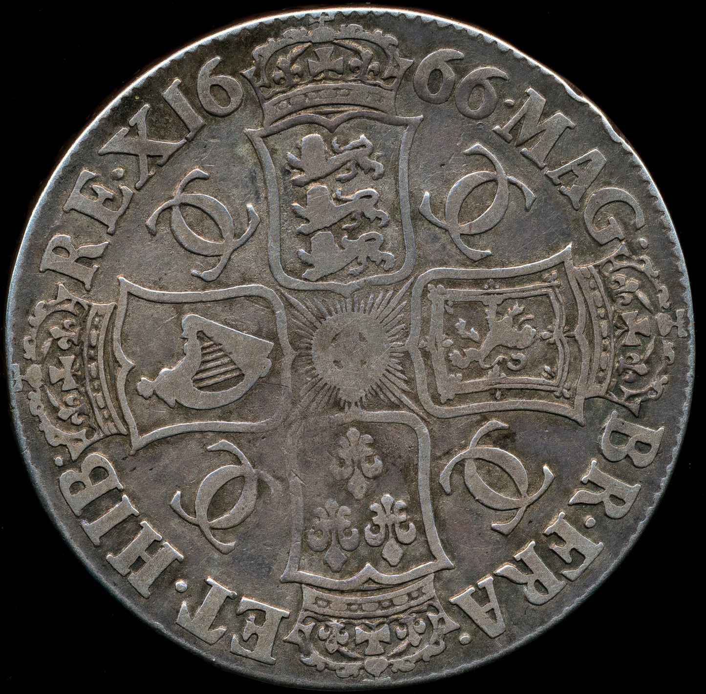 1666 Crown Second bust variety S3356 ESC 369 RE.X error Very rare (R2) F/GF