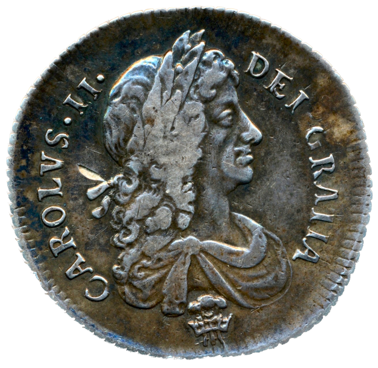 1671 Shilling Second bust Plume below bust S3376 ESC 520 Very rare (R2) GVF