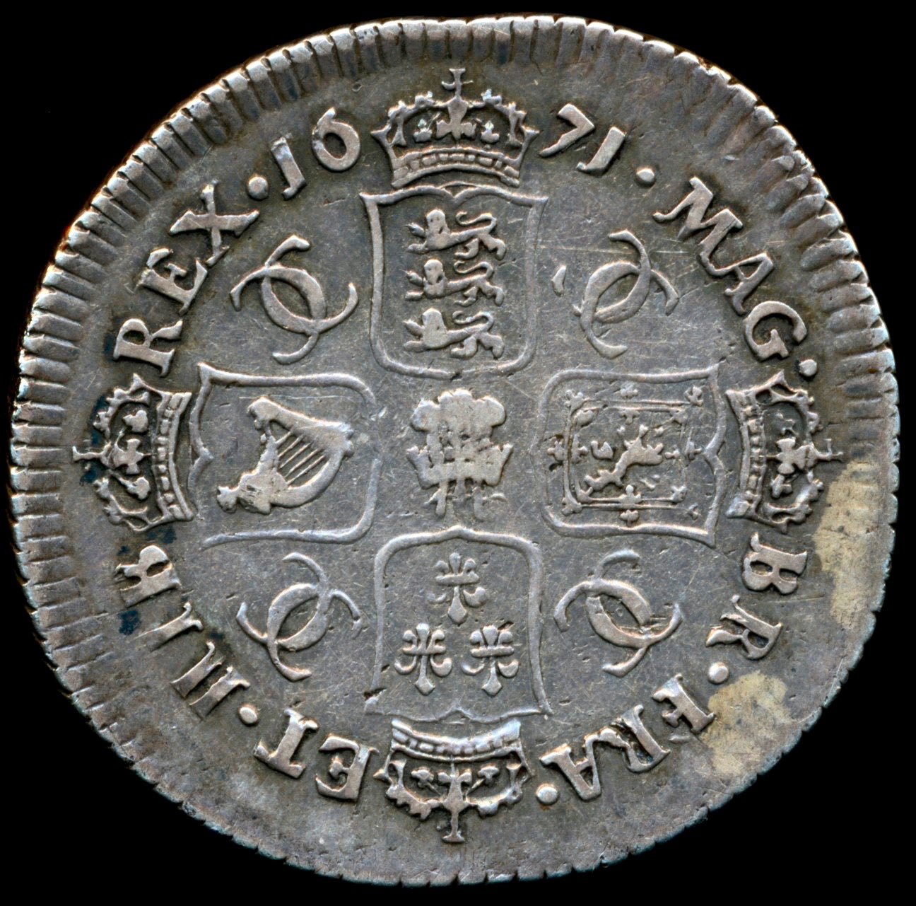 1671 Shilling Second bust Plume below bust S3376 ESC 520 Very rare (R2) GVF