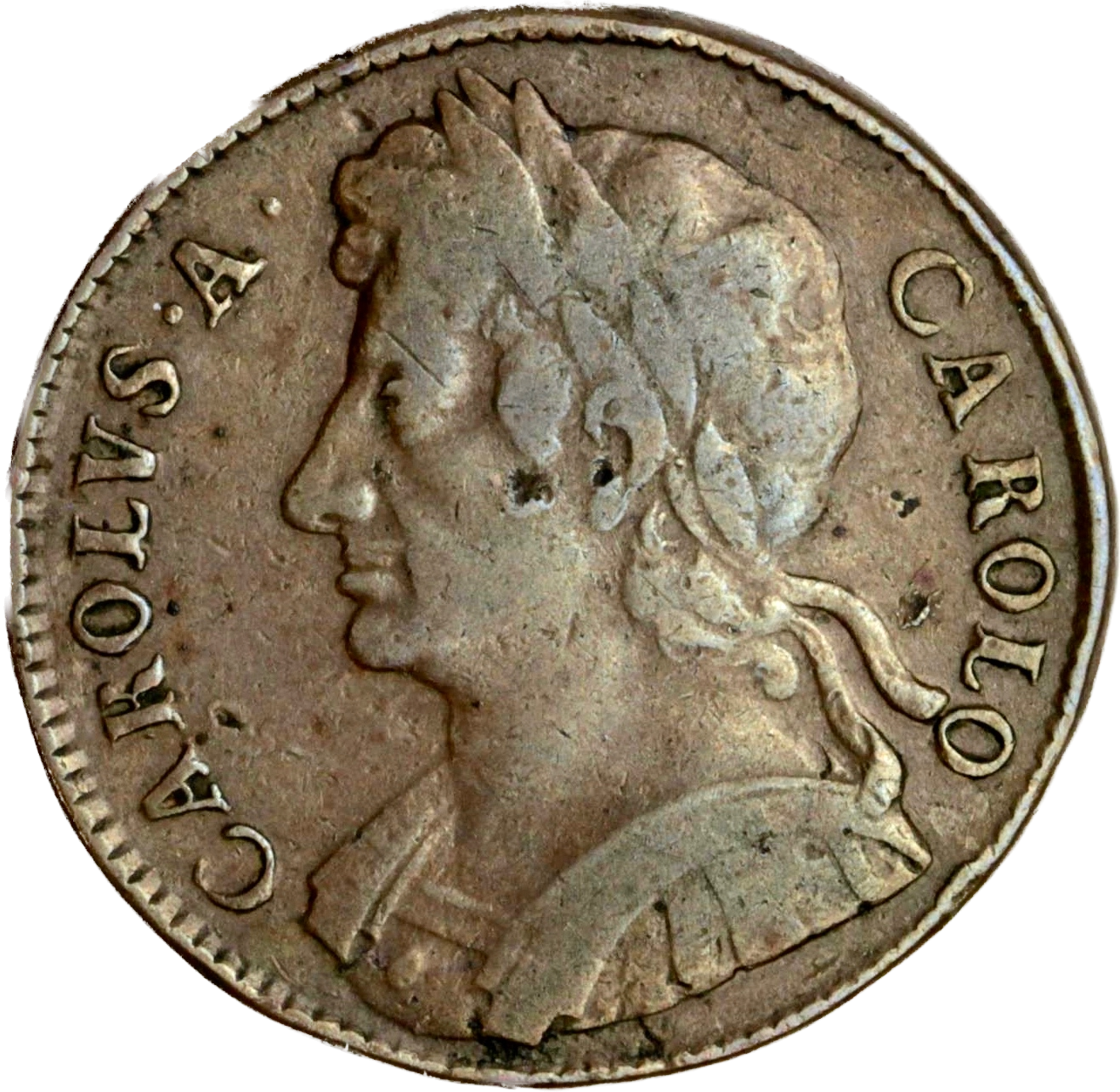 1673 Halfpenny S3393 No reverse stops BMC 513 Very rare GF