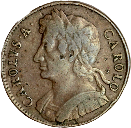 1673 Halfpenny S3393 No reverse stops BMC 513 Very rare GF
