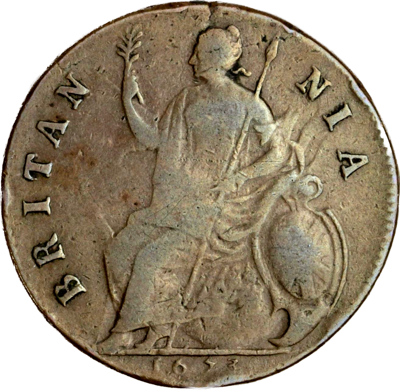 1673 Halfpenny S3393 No reverse stops BMC 513 Very rare GF