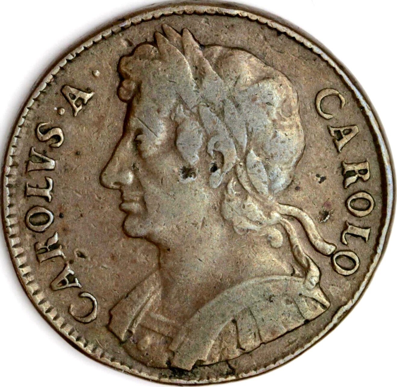 1673 Halfpenny S3393 No reverse stops BMC 513 Very rare GF