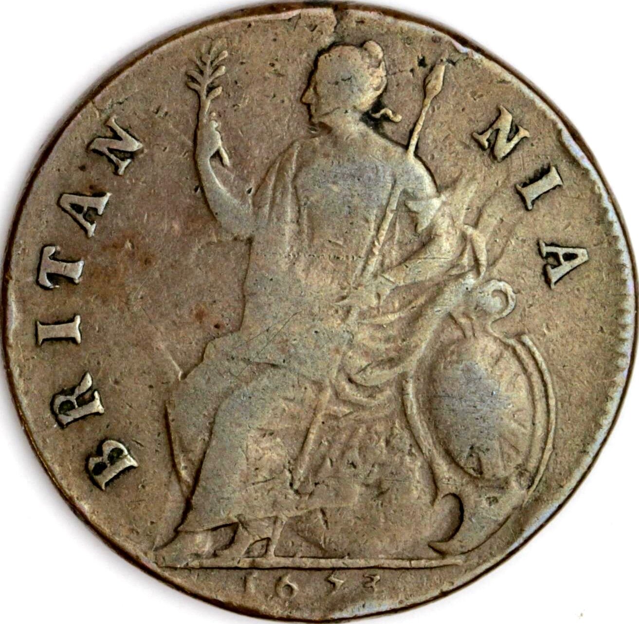 1673 Halfpenny S3393 No reverse stops BMC 513 Very rare GF