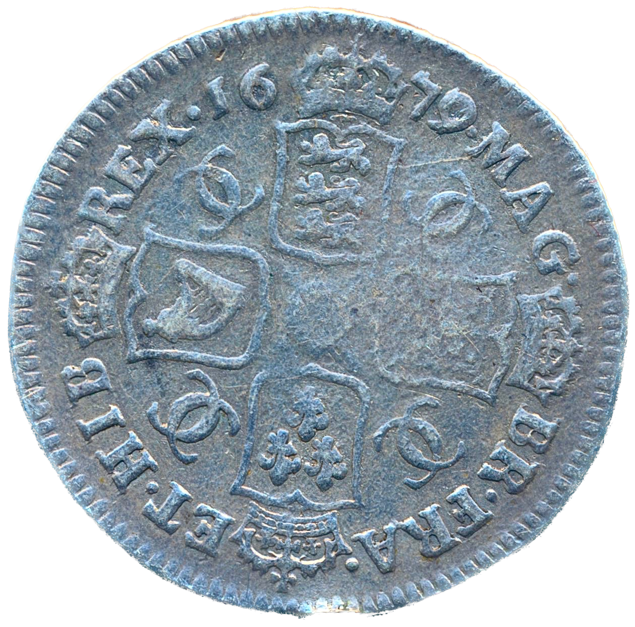 1679/7 Second bust variety Shilling S3375 ESC 546 Very rare (R2) AF
