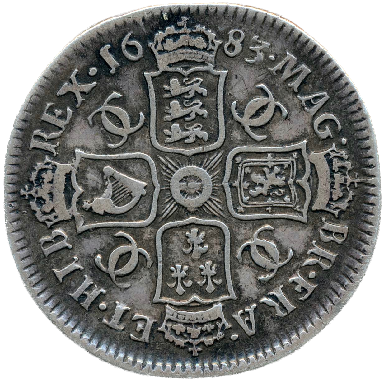 1683 Shilling Fourth bust S3381 ESC 558 Very rare (R2) GF