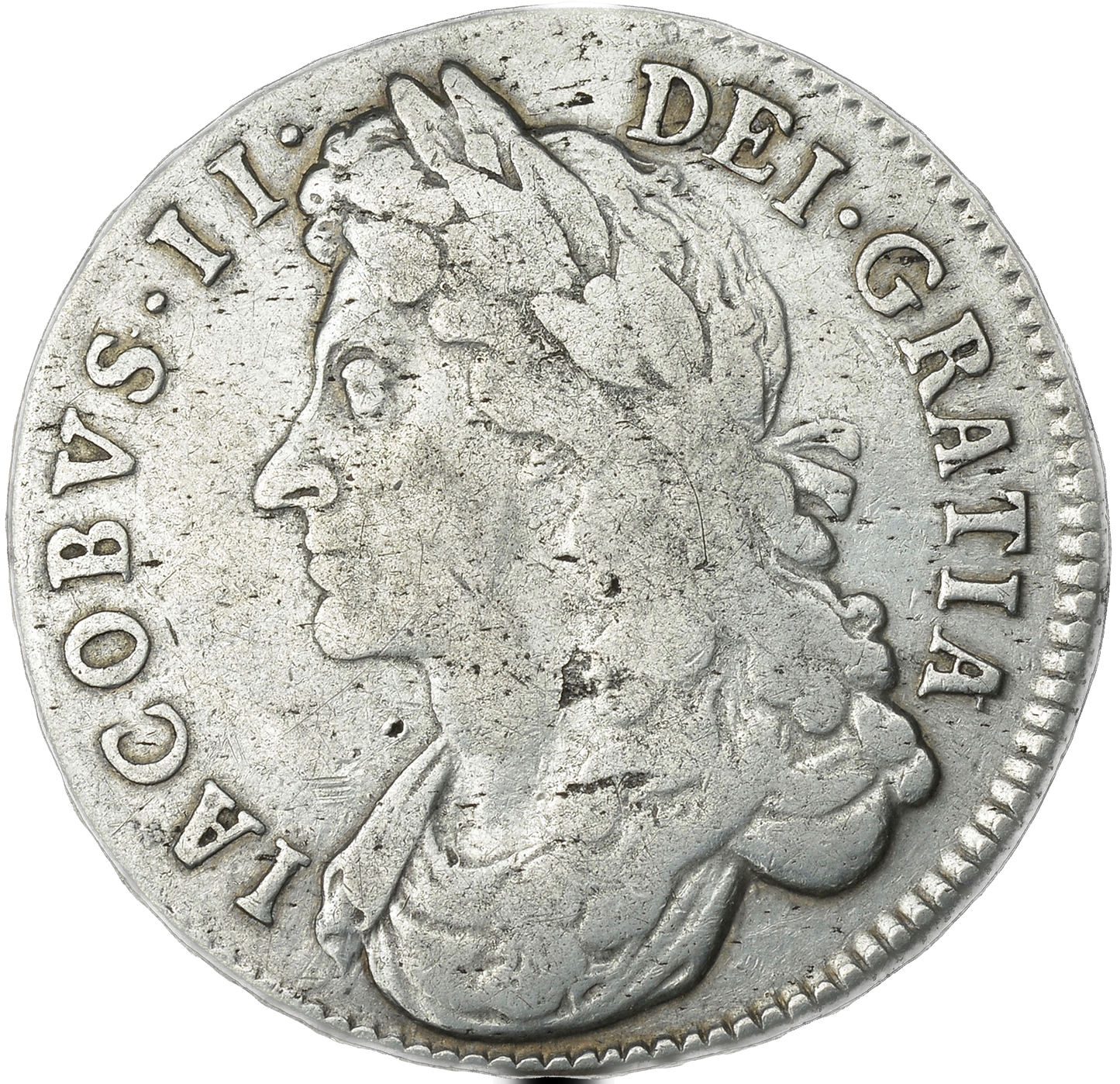 1687 6 over 8 Halfcrown Second bust Edge TERTIO S3408 ESC 755 Excessively rare (R4) GF