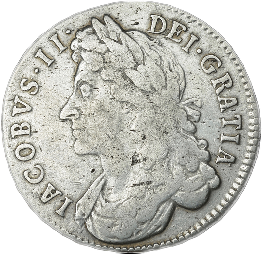 1687 6 over 8 Halfcrown Second bust Edge TERTIO S3408 ESC 755 Excessively rare (R4) GF