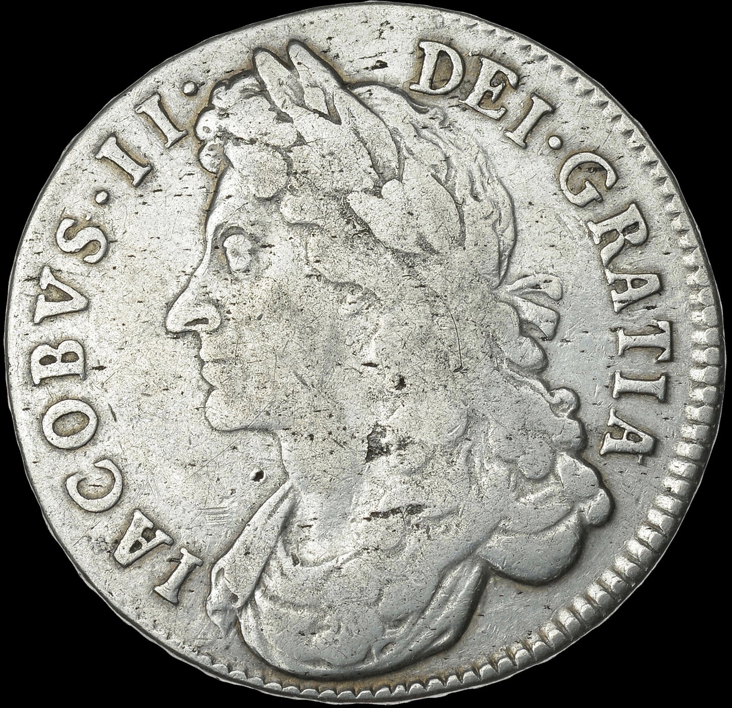 1687 6 over 8 Halfcrown Second bust Edge TERTIO S3408 ESC 755 Excessively rare (R4) GF