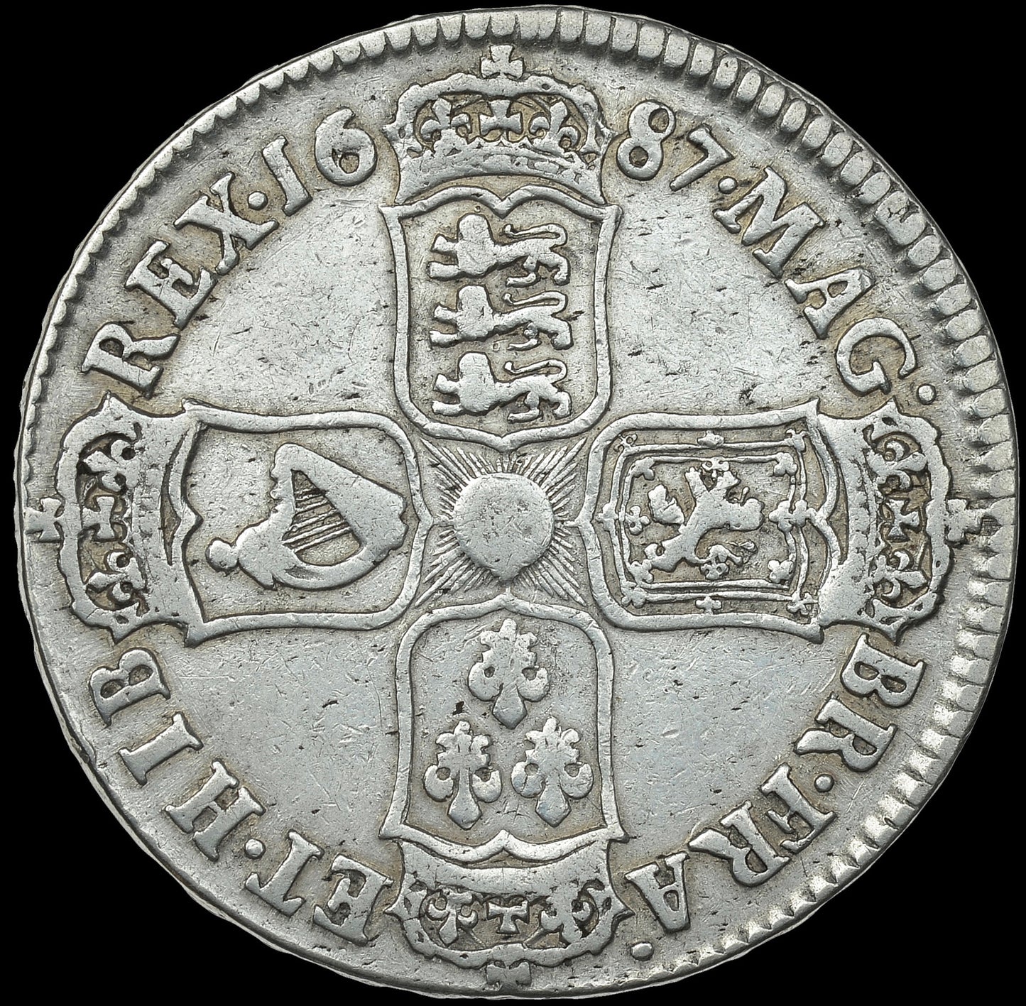 1687 6 over 8 Halfcrown Second bust Edge TERTIO S3408 ESC 755 Excessively rare (R4) GF